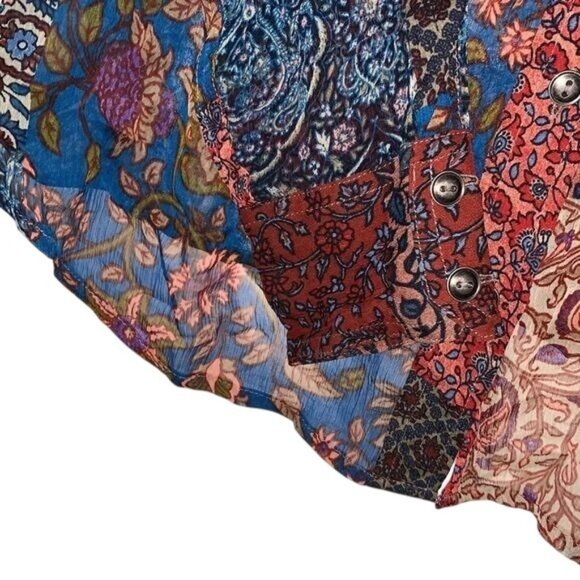 Lucky Brand Womens Sheer Patchwork Button-Up Shirt S Rayon Boho Design - Picture 8 of 10